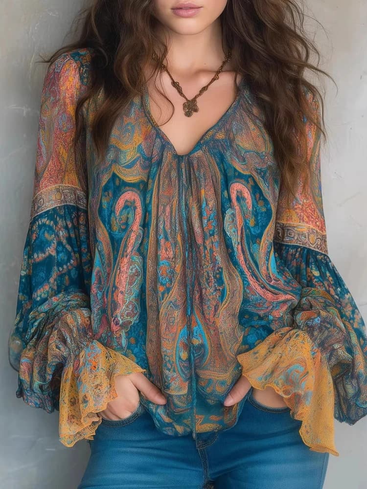 Ethnic Women Vintage Bohemian Tops Ruffled Long Sleeve V-Neck Casual Blouse Shirts Fashion Paisley Printed Boho Beach T-Shirts