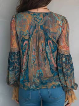 Ethnic Women Vintage Bohemian Tops Ruffled Long Sleeve V-Neck Casual Blouse Shirts Fashion Paisley Printed Boho Beach T-Shirts