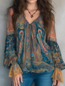 Ethnic Women Vintage Bohemian Tops Ruffled Long Sleeve V-Neck Casual Blouse Shirts Fashion Paisley Printed Boho Beach T-Shirts