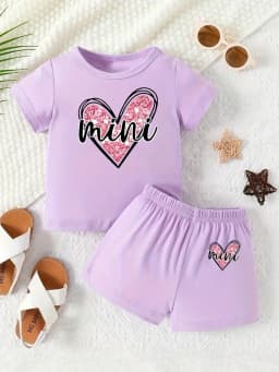 2026 Girls' Love Letter Printed Two Piece Set Round Neck Short Sleeved T-shirt + Loose Solid Color Shorts Set Summer Set