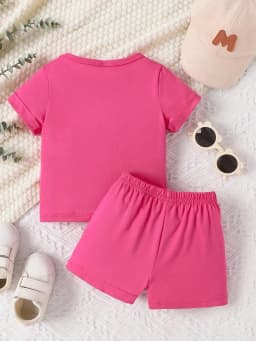 2026 Girls' Love Letter Printed Two Piece Set Round Neck Short Sleeved T-shirt + Loose Solid Color Shorts Set Summer Set