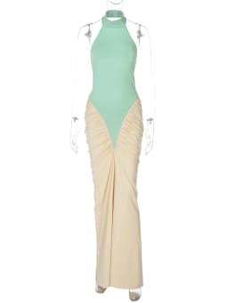 Hugcitar Women Fashion Halter Backless Patchwork Ruched Sexy Bodycon Maxi Dress Summer New Trend Clothes Beach Vacation Party