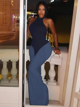 Hugcitar Women Fashion Halter Backless Patchwork Ruched Sexy Bodycon Maxi Dress Summer New Trend Clothes Beach Vacation Party