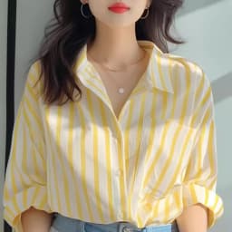 Yellow White Vertical Stripe Shirt for Women, 2026 Spring and Autumn New Style Shirt, Stylish Casual Long Sleeved Shirt