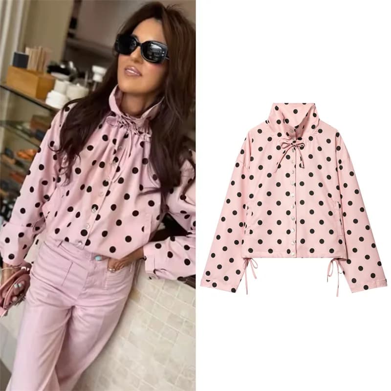 Women's Coat 2026 Autumn New Style Pink Polka Dot Long Sleeve Tie-Detail Single-Breasted Loose Coat Casual Fashion Versatile