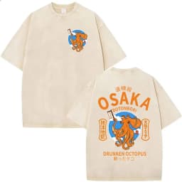 Funny Japanese Osaka Dotonbori Drunken Octopus Vintage Washed T Shirts Men Women Casual Fashion 100% Cotton Short Sleeve T-shirt