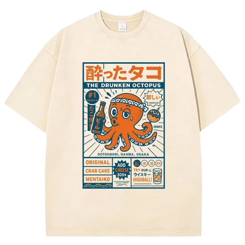 Funny Japanese Osaka Dotonbori Drunken Octopus Vintage Washed T Shirts Men Women Casual Fashion 100% Cotton Short Sleeve T-shirt