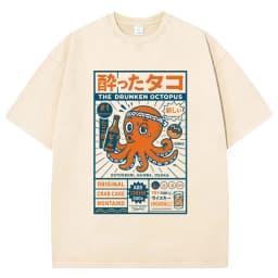 Funny Japanese Osaka Dotonbori Drunken Octopus Vintage Washed T Shirts Men Women Casual Fashion 100% Cotton Short Sleeve T-shirt