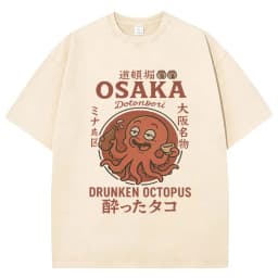 Funny Japanese Osaka Dotonbori Drunken Octopus Vintage Washed T Shirts Men Women Casual Fashion 100% Cotton Short Sleeve T-shirt