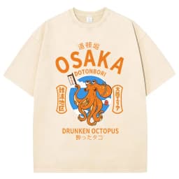 Funny Japanese Osaka Dotonbori Drunken Octopus Vintage Washed T Shirts Men Women Casual Fashion 100% Cotton Short Sleeve T-shirt
