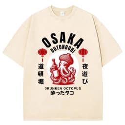 Funny Japanese Osaka Dotonbori Drunken Octopus Vintage Washed T Shirts Men Women Casual Fashion 100% Cotton Short Sleeve T-shirt