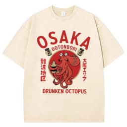 Funny Japanese Osaka Dotonbori Drunken Octopus Vintage Washed T Shirts Men Women Casual Fashion 100% Cotton Short Sleeve T-shirt