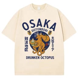 Funny Japanese Osaka Dotonbori Drunken Octopus Vintage Washed T Shirts Men Women Casual Fashion 100% Cotton Short Sleeve T-shirt