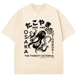 Funny Japanese Osaka Dotonbori Drunken Octopus Vintage Washed T Shirts Men Women Casual Fashion 100% Cotton Short Sleeve T-shirt