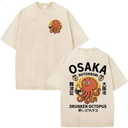 Funny Japanese Osaka Dotonbori Drunken Octopus Vintage Washed T Shirts Men Women Casual Fashion 100% Cotton Short Sleeve T-shirt