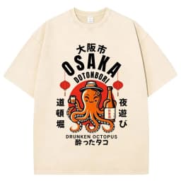 Funny Japanese Osaka Dotonbori Drunken Octopus Vintage Washed T Shirts Men Women Casual Fashion 100% Cotton Short Sleeve T-shirt