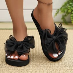 Black Mesh Bowknot Wedge Heel Flip Flops Woman Comfortable Lightweight Clip Toe Beach Slippers Woman Plus Size 43 Vacation Slide