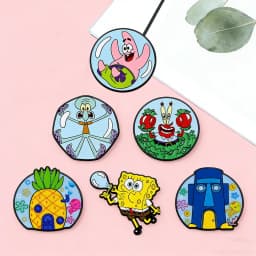 6Pcs Kawaii SpongeBob & Friends Enamel Pins Blow Bubbles Patrick Squidward Mr. Krabs Lapel Badges Kids Collectible Brooch Gift