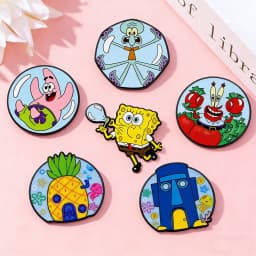 6Pcs Kawaii SpongeBob & Friends Enamel Pins Blow Bubbles Patrick Squidward Mr. Krabs Lapel Badges Kids Collectible Brooch Gift