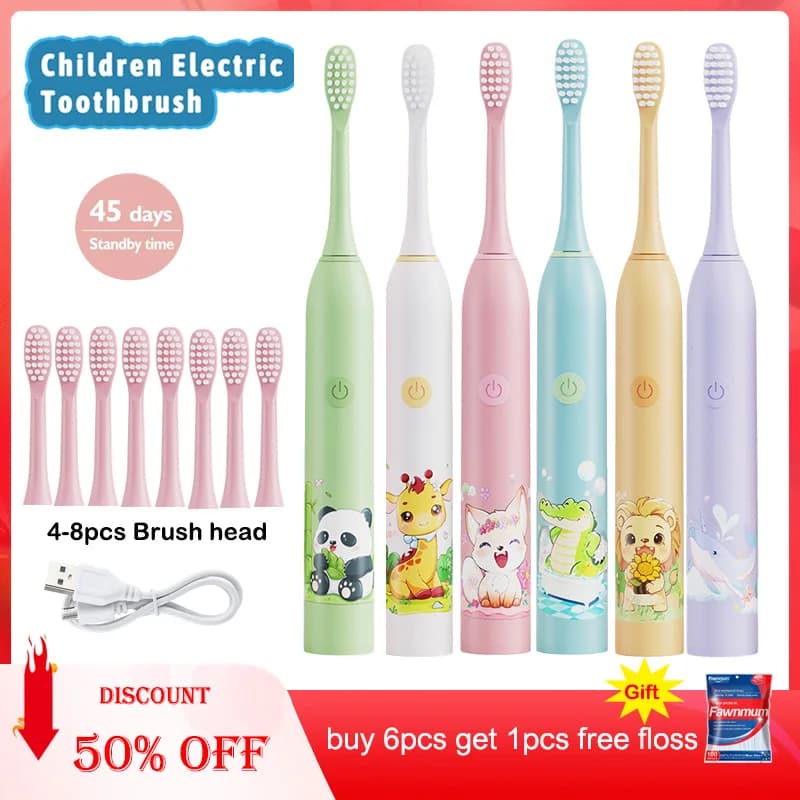 Children's Electric Toothbrush Color Cartoon Kids With Replacement Heads Soft Hair Cleaning Brush Rechargeable Sonic Toothbrush