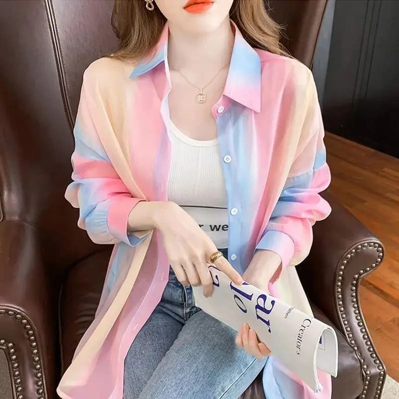 Women's Shirt Summer/Autumn 2025 New Long Sleeve Rainbow Shirt Fashionable Outerwear Lightweight Cardigan Coat