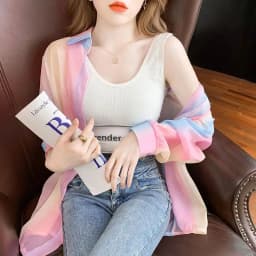 Women's Shirt Summer/Autumn 2025 New Long Sleeve Rainbow Shirt Fashionable Outerwear Lightweight Cardigan Coat