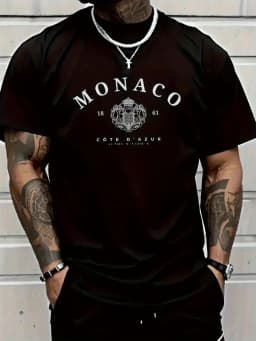 Men's 100% Cotton Casual Loose Breathable Fashionable Monaco Letter Pattern Printed Short Sleeve Round Neck T-Shirt Top