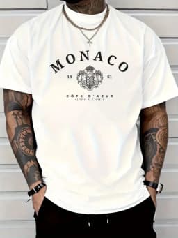 Men's 100% Cotton Casual Loose Breathable Fashionable Monaco Letter Pattern Printed Short Sleeve Round Neck T-Shirt Top
