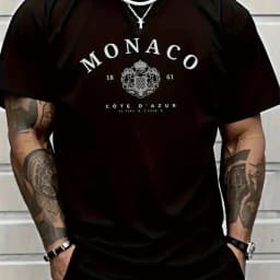 Men's 100% Cotton Casual Loose Breathable Fashionable Monaco Letter Pattern Printed Short Sleeve Round Neck T-Shirt Top