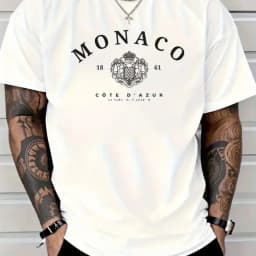 Men's 100% Cotton Casual Loose Breathable Fashionable Monaco Letter Pattern Printed Short Sleeve Round Neck T-Shirt Top
