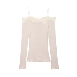 Lace Trim Off Shoulder Long Sleeve Knit Top for Women, Sexy Slim Fit Camisole, Spring Summer Casual Fashion Top