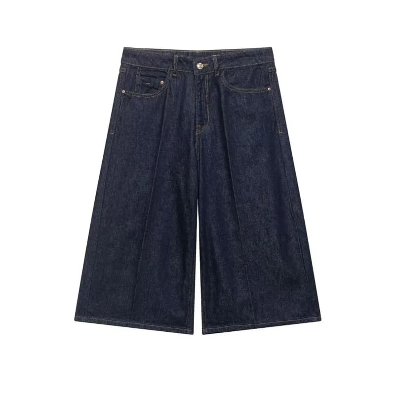 Women's Denim Long Casual Shorts Spring Summer Mid-waist Zipper Pockets Wide Leg Fashion Simple Loose Female Calf-Length Pants