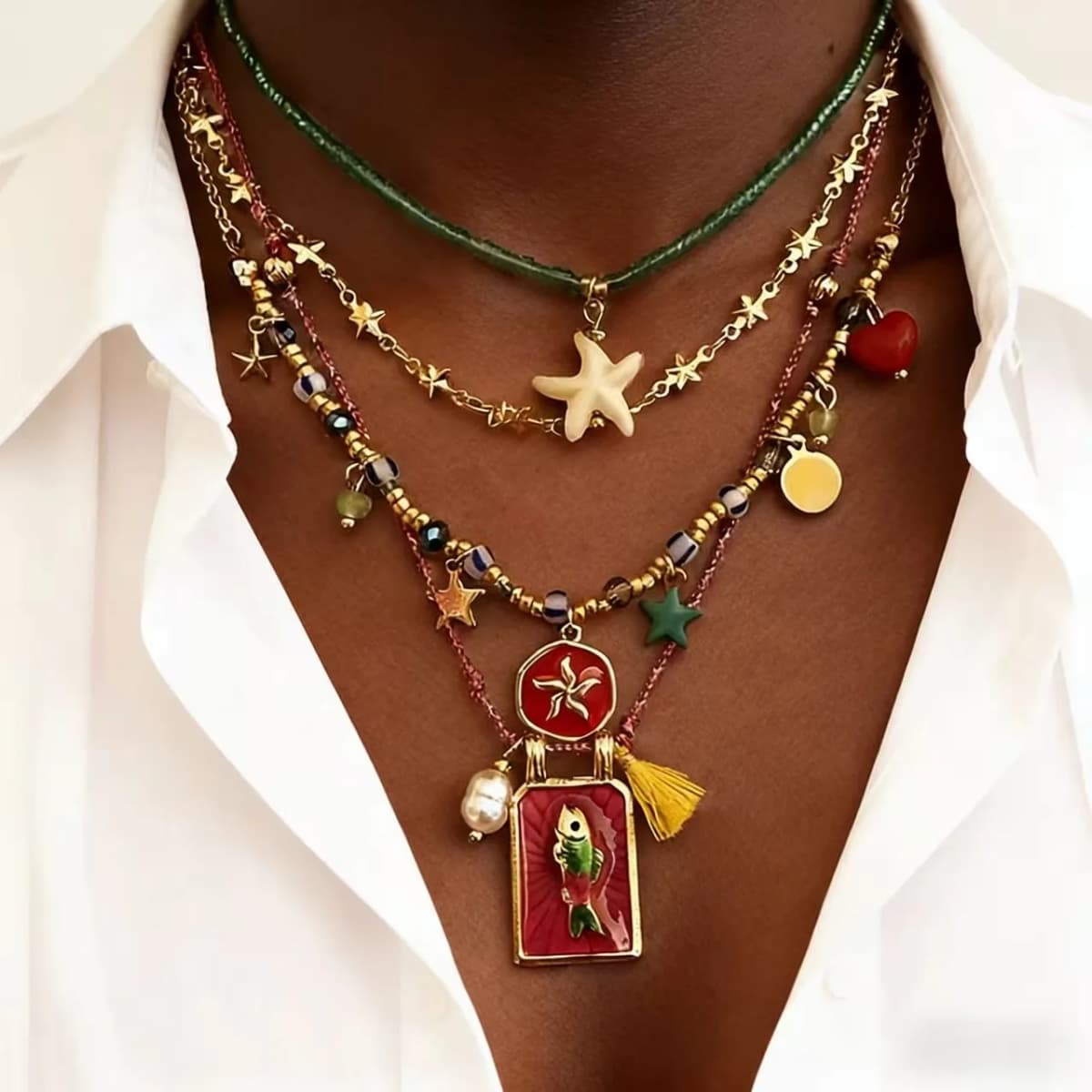 KMVEXO 4PCS/Set Bohemian Multilayer Necklace Imitate Enamel Fish Charm Colorful Beads Elegant Women Long Choker Vacation Jewelry