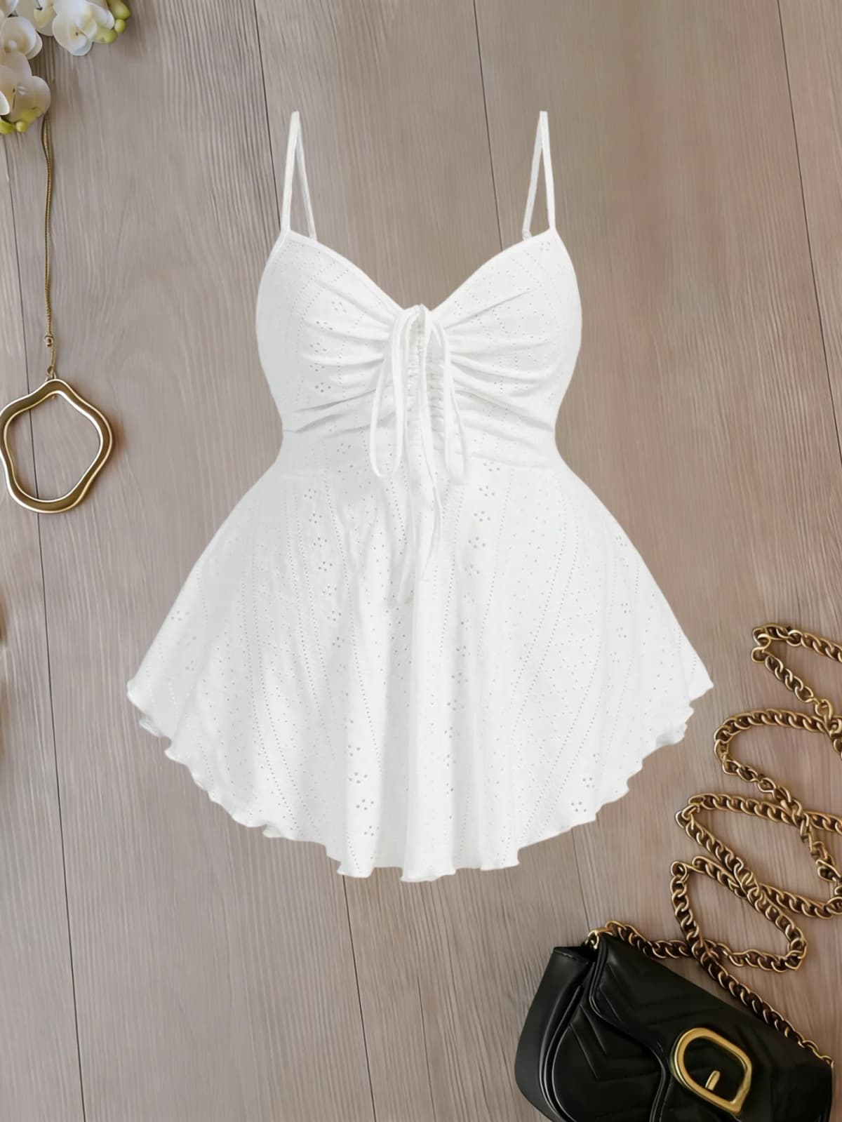Plus Size Women's White Eyelet Spaghetti Strap Peplum Top