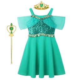  Girls Jasmine Inspired Sequin Off-Shoulder Dress with Crown Wand & Jewelry Set Summer Children's Party Performance Costumes