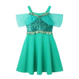  Girls Jasmine Inspired Sequin Off-Shoulder Dress with Crown Wand & Jewelry Set Summer Children's Party Performance Costumes