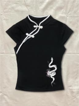 Black Cheongsam Top Women 2026 Koi Fish Lotus Print Mandarin Collar Frog Button Oriental Aesthetic Slim Fit Tee
