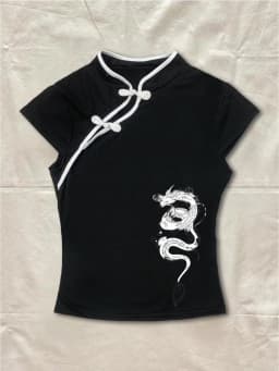 Black Cheongsam Top Women 2026 Koi Fish Lotus Print Mandarin Collar Frog Button Oriental Aesthetic Slim Fit Tee