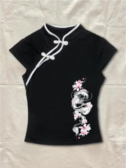 Black Cheongsam Top Women 2026 Koi Fish Lotus Print Mandarin Collar Frog Button Oriental Aesthetic Slim Fit Tee
