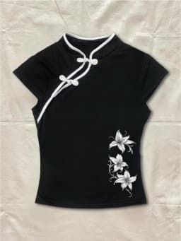 Black Cheongsam Top Women 2026 Koi Fish Lotus Print Mandarin Collar Frog Button Oriental Aesthetic Slim Fit Tee
