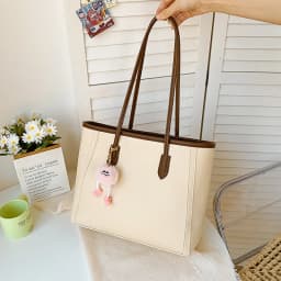 Casual Brown Faux Leather Large Capacity Tote Bag with Adorable Plush Keychain, Stylish Roomy Shoulder Purse for Everyday Use