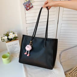 Casual Brown Faux Leather Large Capacity Tote Bag with Adorable Plush Keychain, Stylish Roomy Shoulder Purse for Everyday Use