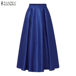 ZANZEA Plus Size Women Satin Midi Party Skirts Elastic Back High Waist Inverted Pleats A-Line Skirt Elegant Cocktail Faldas 5XL