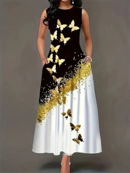 Summer new gradient butterfly print sleeveless dress, loose and slimming with pockets, elegant long skirt