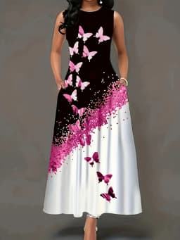 Summer new gradient butterfly print sleeveless dress, loose and slimming with pockets, elegant long skirt