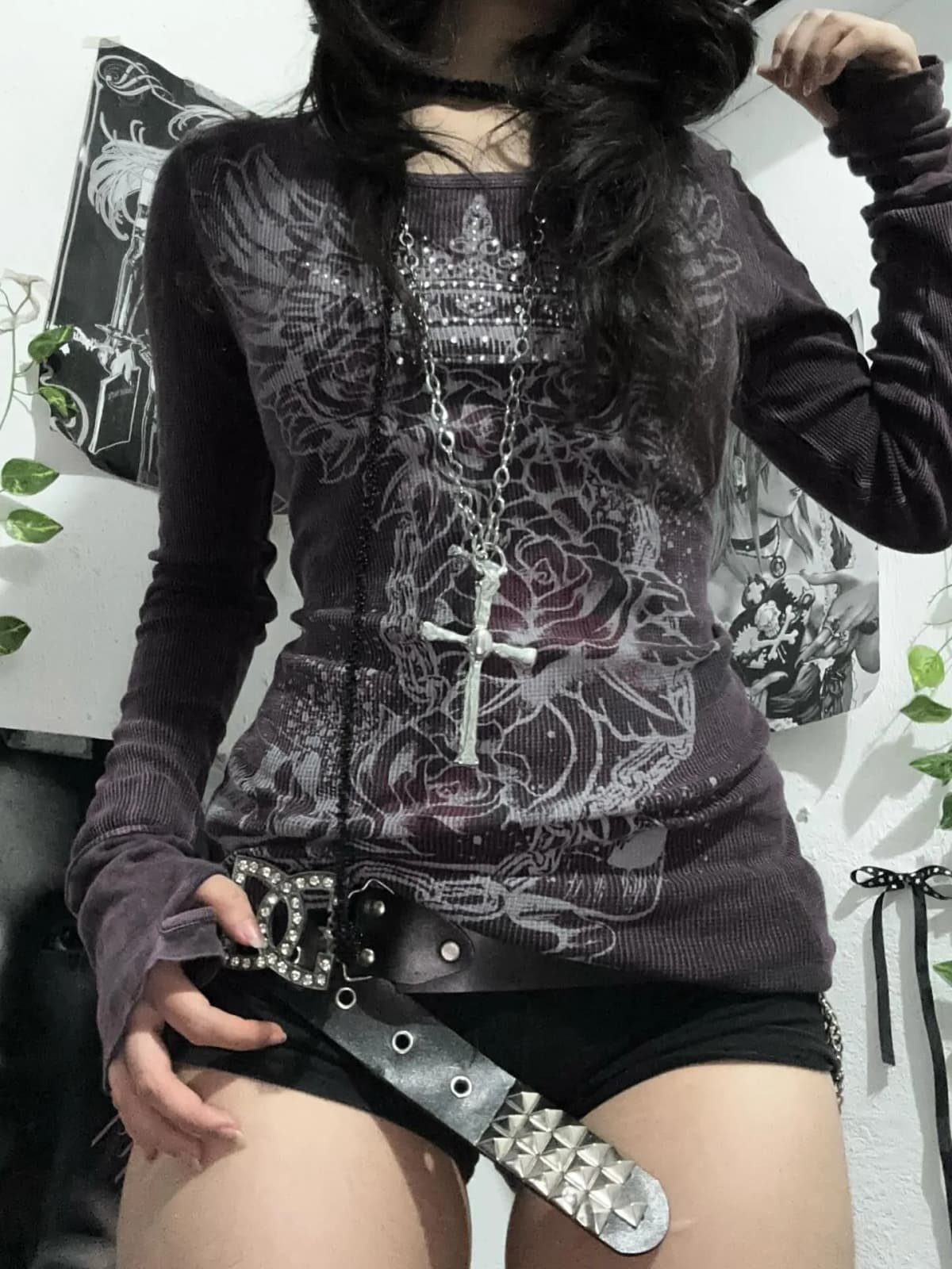 2026 Autumn Subculture Gothic Style Retro Spicy Girl Hot Stamping Print Trend Long Sleeved Top