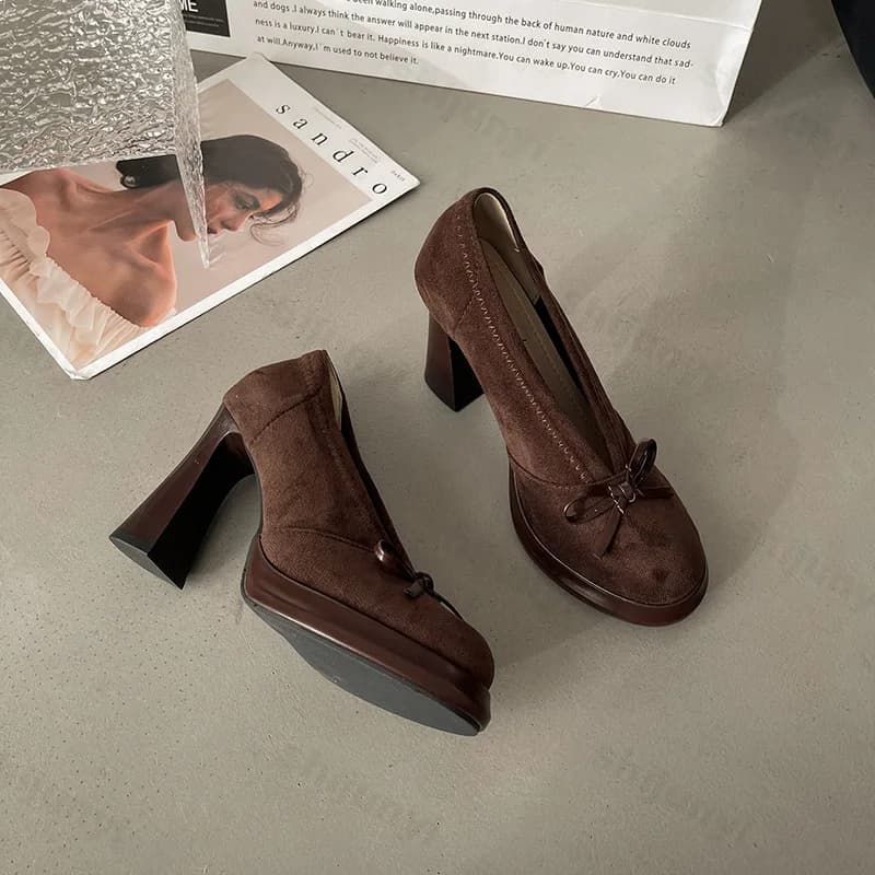 Women's High Heels 2026 Spring Autumn New Vintage Fashion Bow Knot Party Chunky Heels Outdoor Non Slip Luxury Mary Jane Shoes