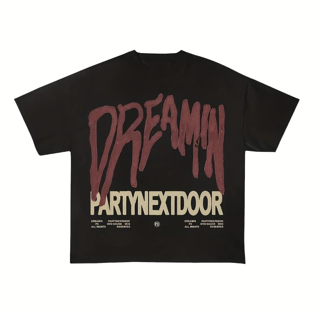 PARTYNEXTDOOR Official Retro T-Shirt Men's Women's Black Concert Merch with RedYellow Sorry I'Outside DREAMIN Logo Print
