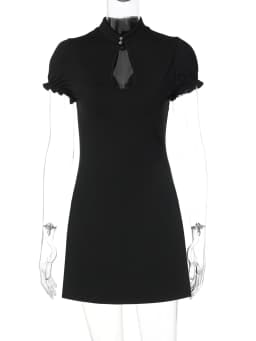 Hugcitar Elegant Solid O Neck Button Short Sleeve Ruffles Hollow Out Sexy Mini Dress Women Clothes Birthday Party Festival