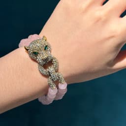 Vintage Rose Quartz Pink Bracelet Luxury Beaded Chain Leopard Head For Woman Rhinestone Jewelry Designers Valentine Day Gift New